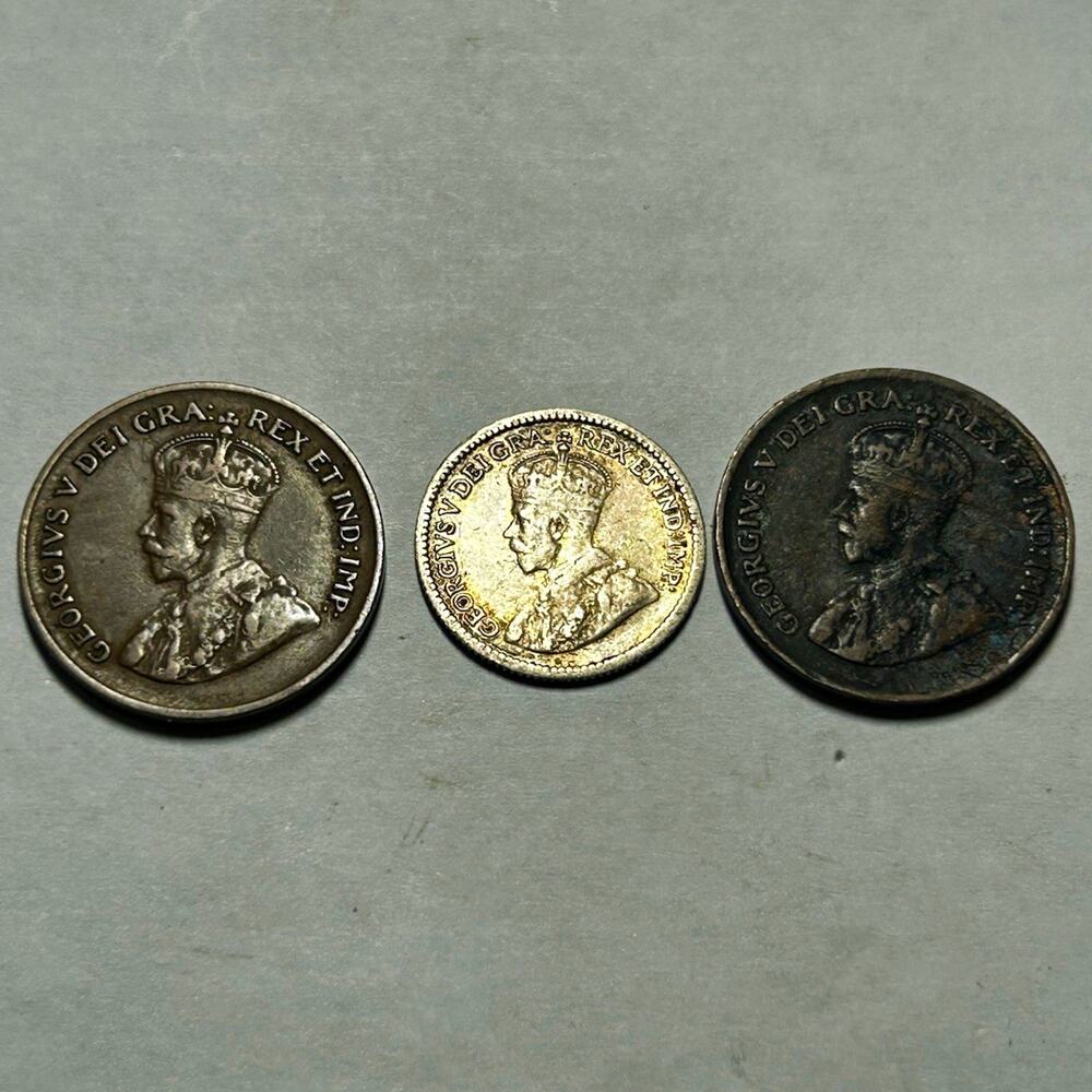 1912 Canada Silver 5 Cents + Two 1929 Canada Cents George V 3 Coin Lot